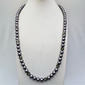 Gray Glass Pearl Necklace Crystal Beads Silver Spacer Statement Necklace Beaded